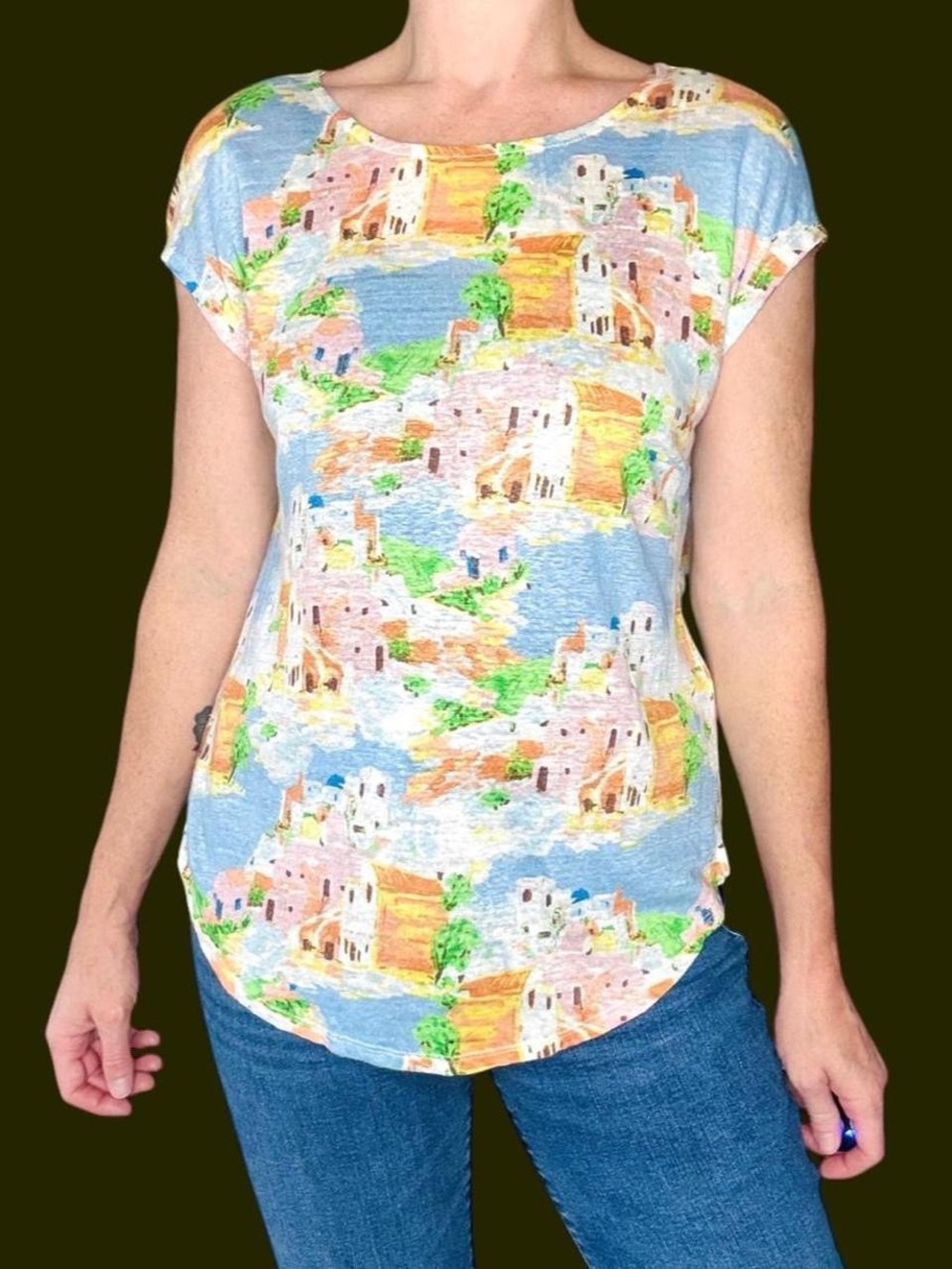 Cynthia Rowley Colorful Greek City Beach Graphic Linen Shirt